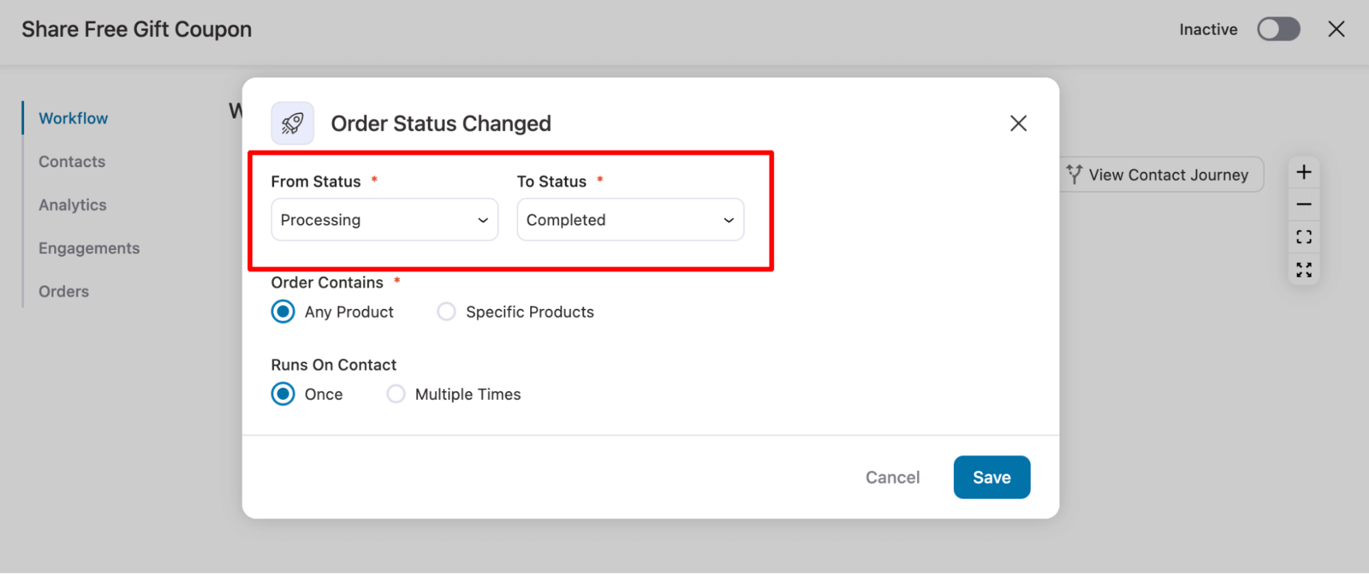 order status chaed from processign to completed