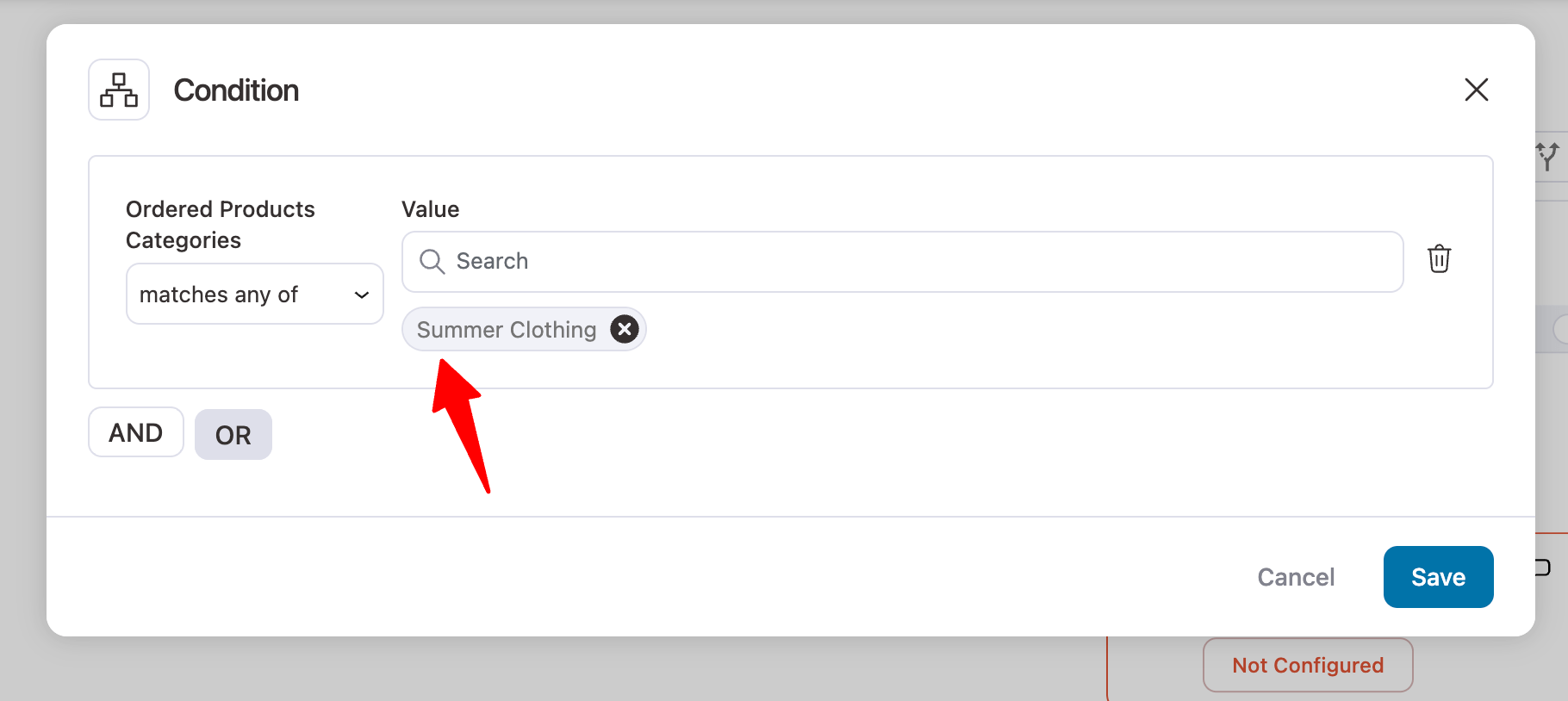 ordered products categories match values