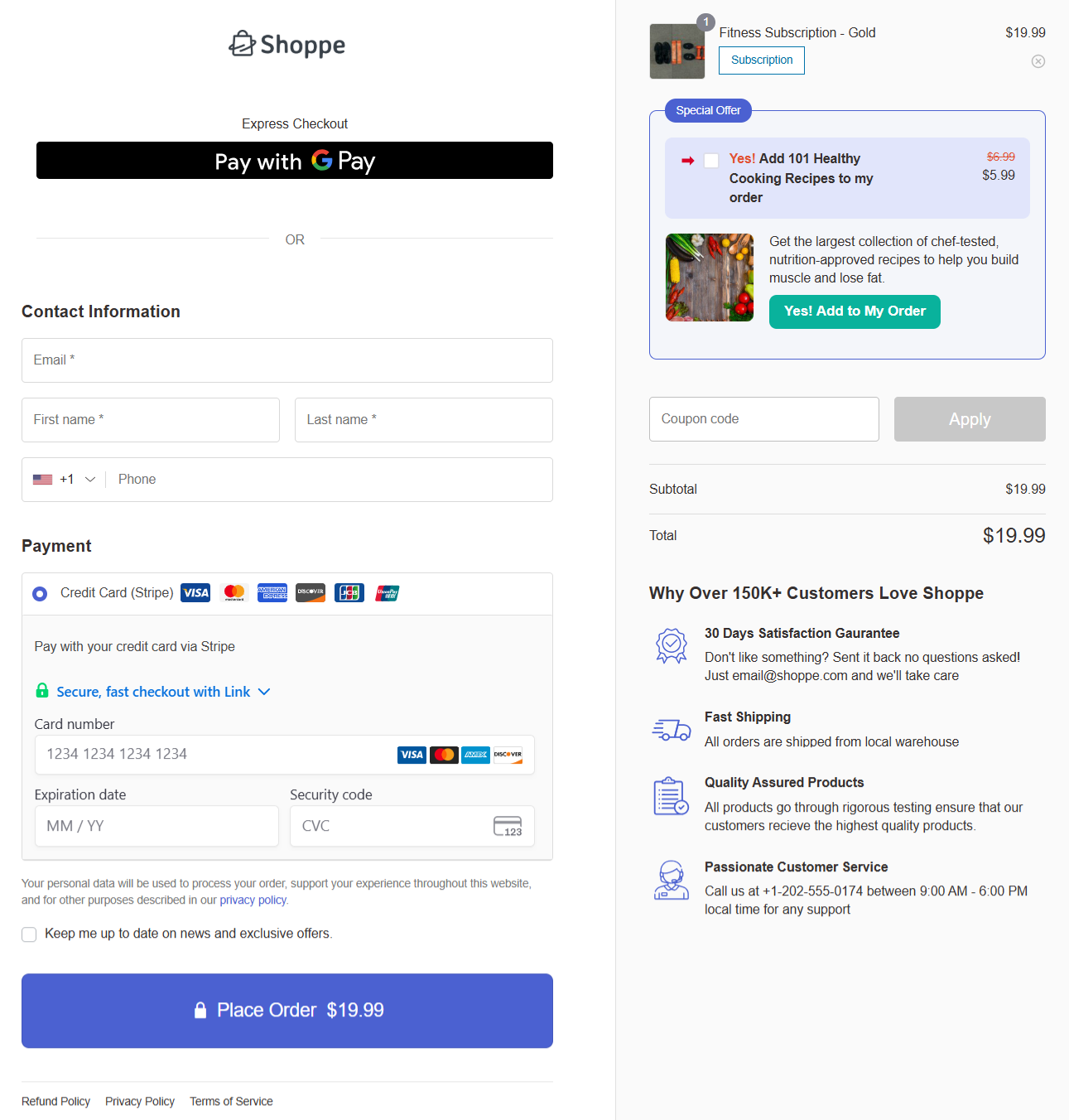 preview of the woocommerce checkout page with removed shipping fields