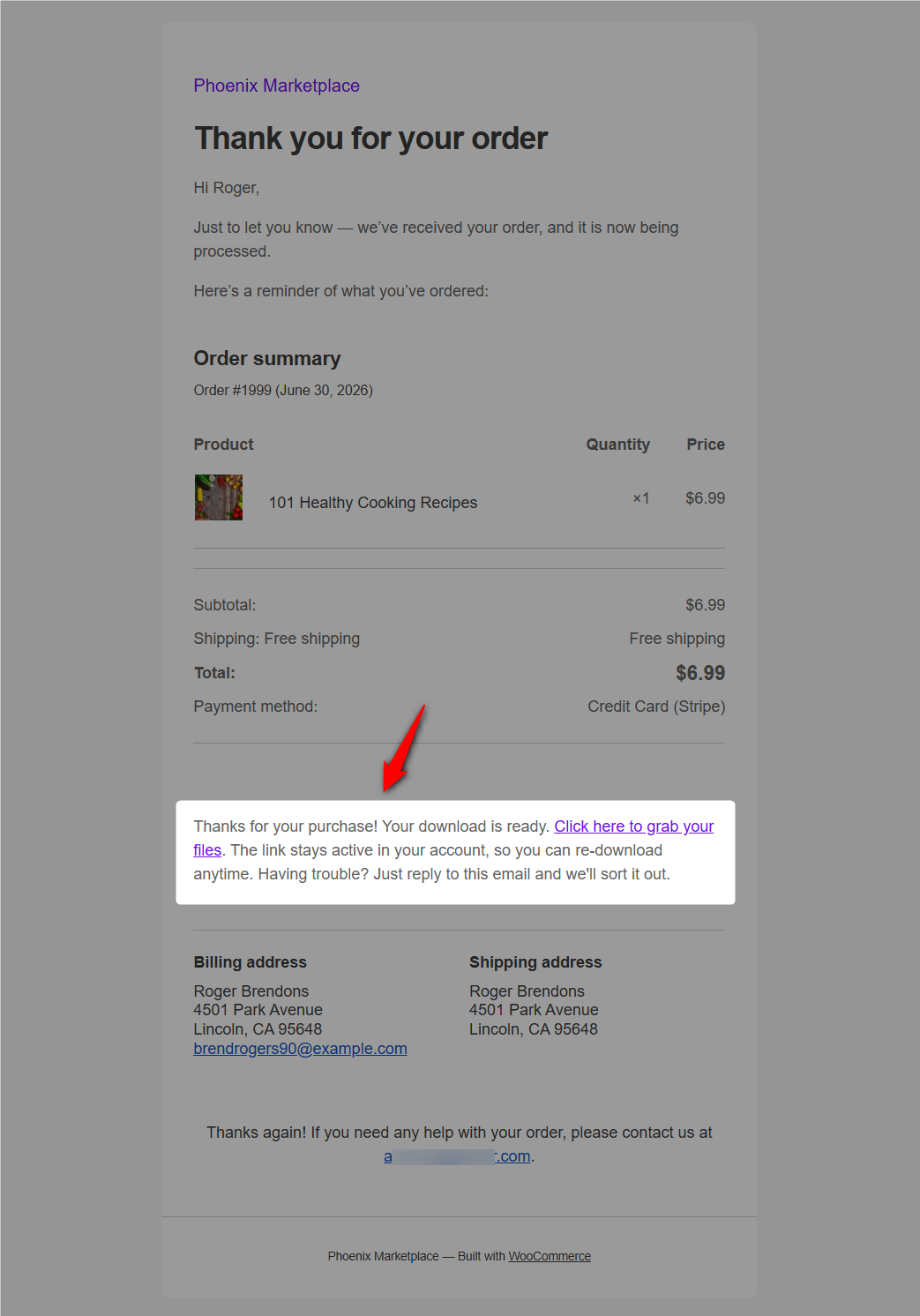 Save, place a test order for that product, and confirm the note appears in the received email.