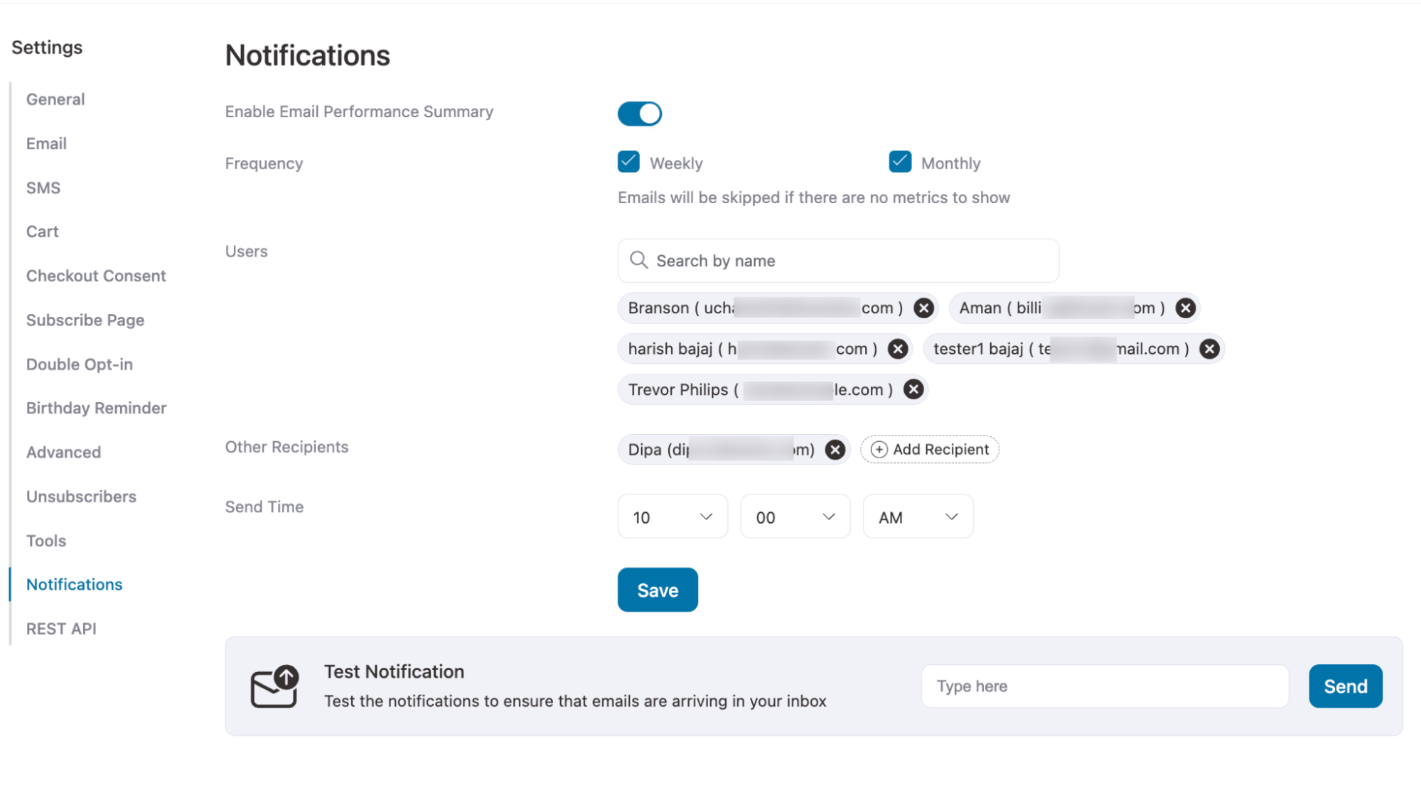 sales email notification settings