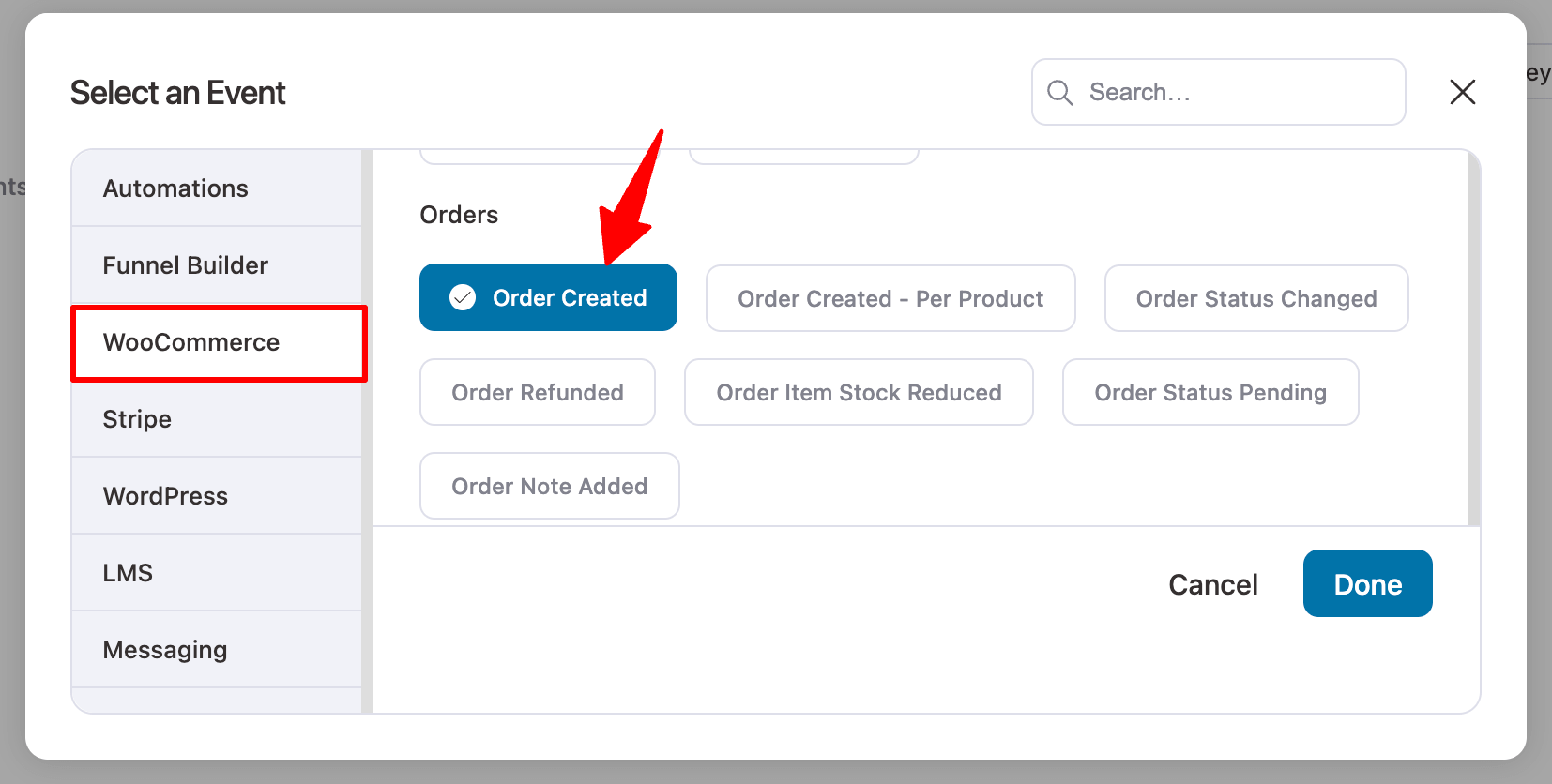 select an event - order created
