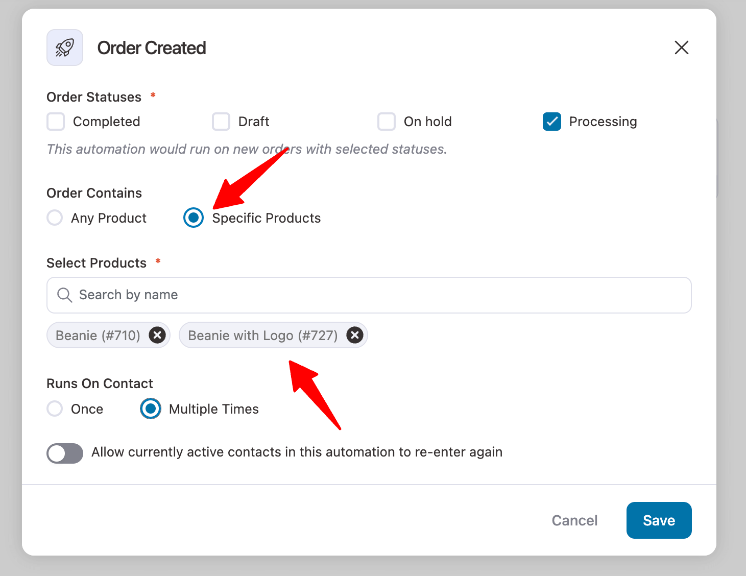 select order contaisn to specific products to send order notification for specific products or categories