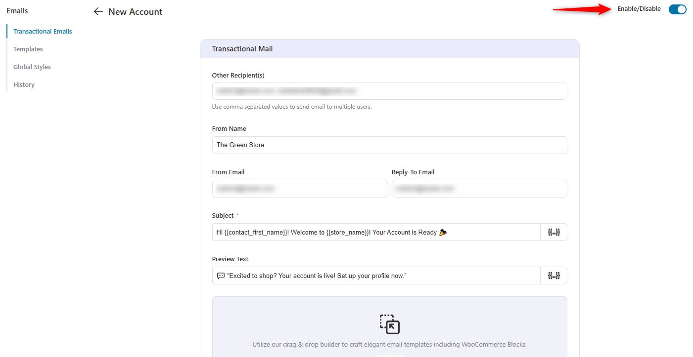 Enabling the new account email