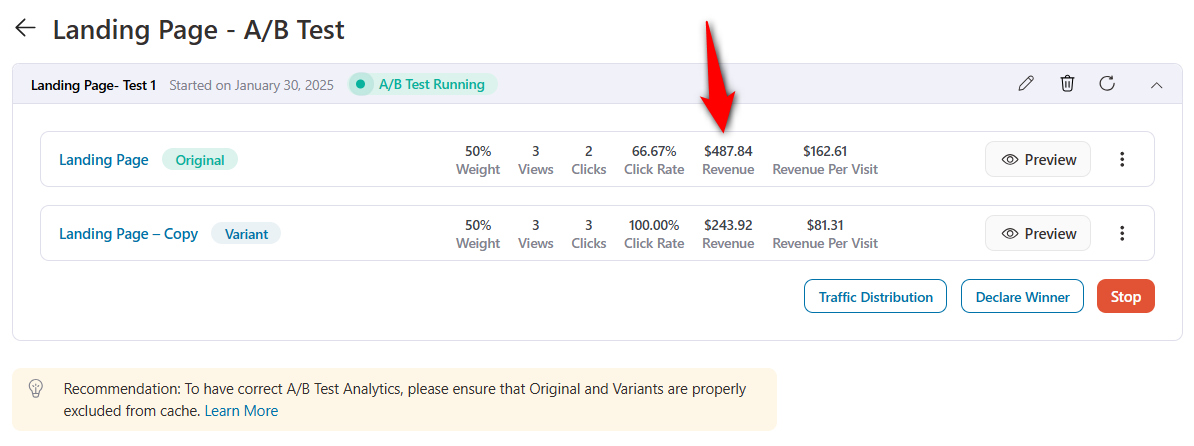 revenue attribution for sales page when running A/B tests