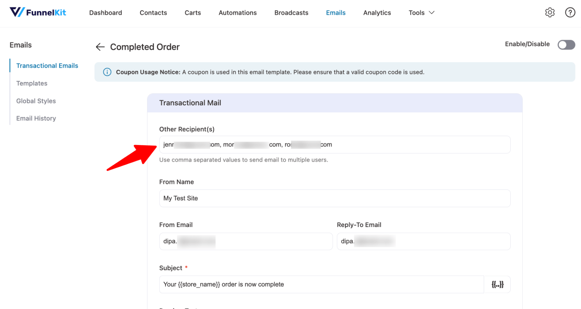 add other recipients for transactional emails