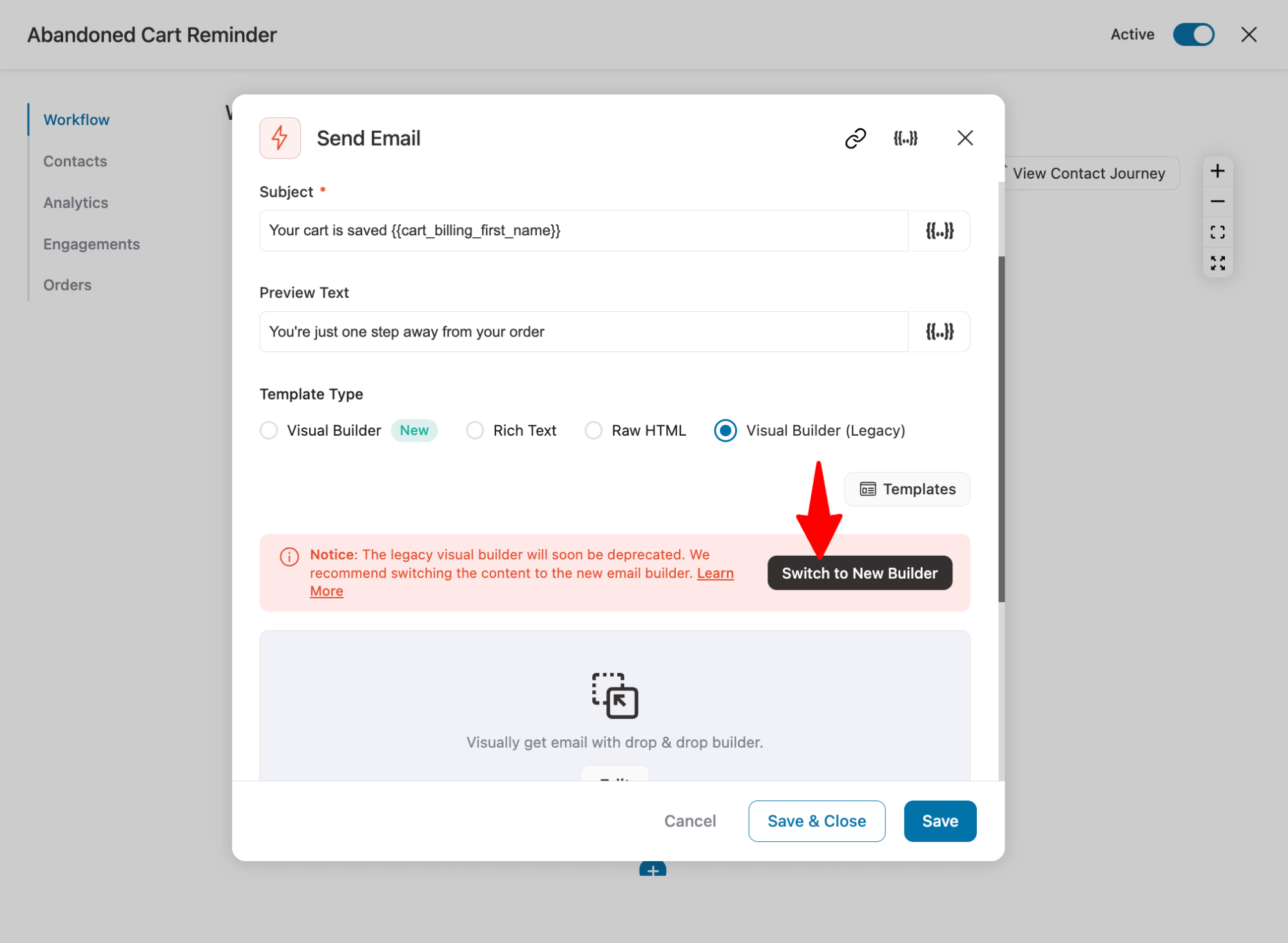 automation email switch to new builde