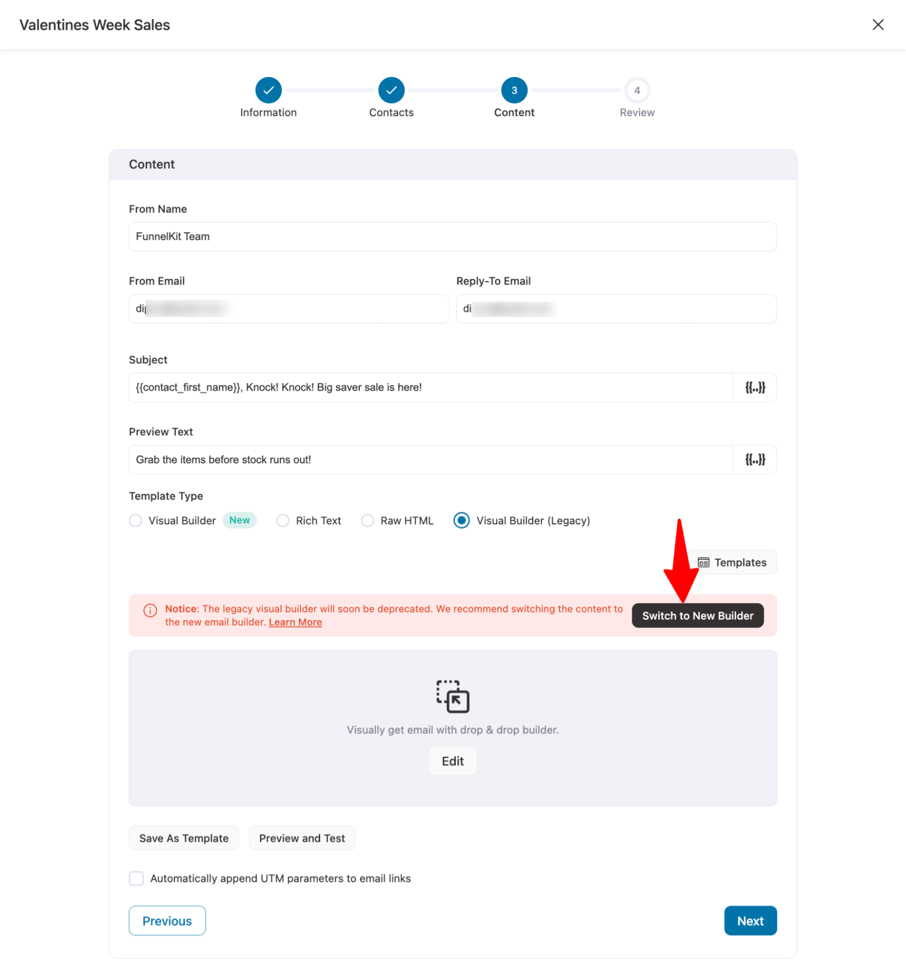 broadcast switch to new builder from legacy visual builder