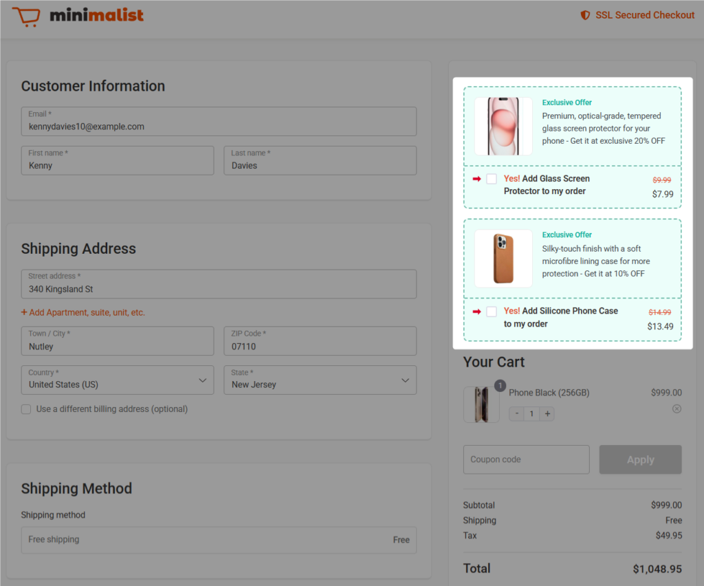 preview of order bump above the mini cart on the woocommerce checkout page