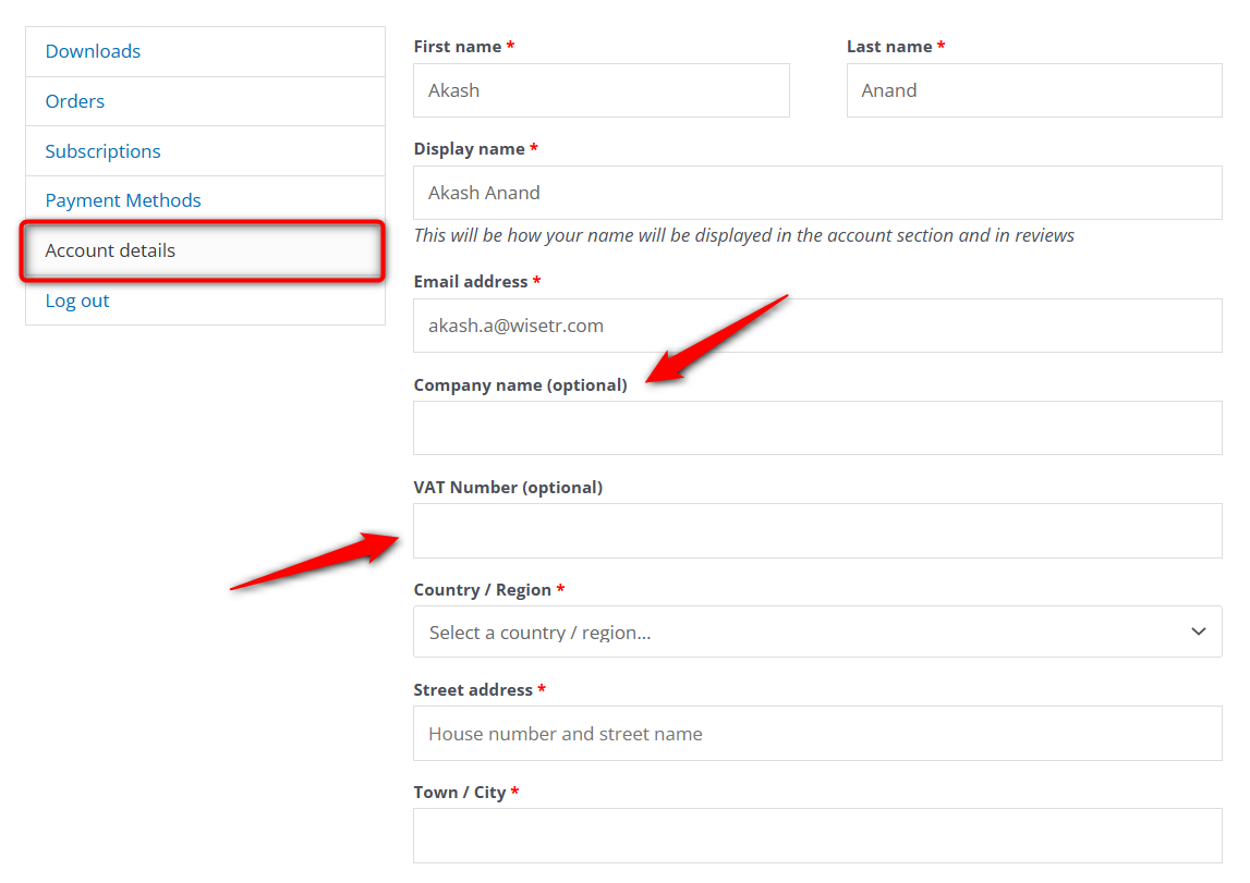 enter company name and vat number