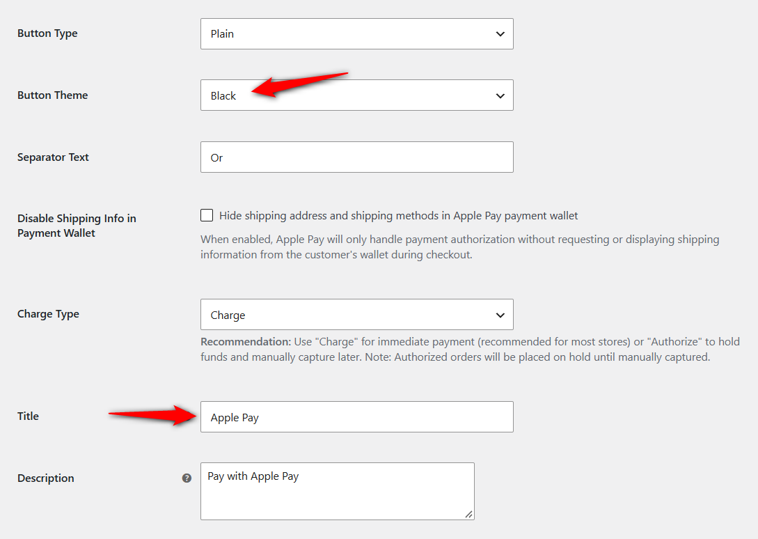 Customizing the Apple Pay buttons - button type, button theme, separator text, charge type, title, description, disable shipping info in payment wallet.