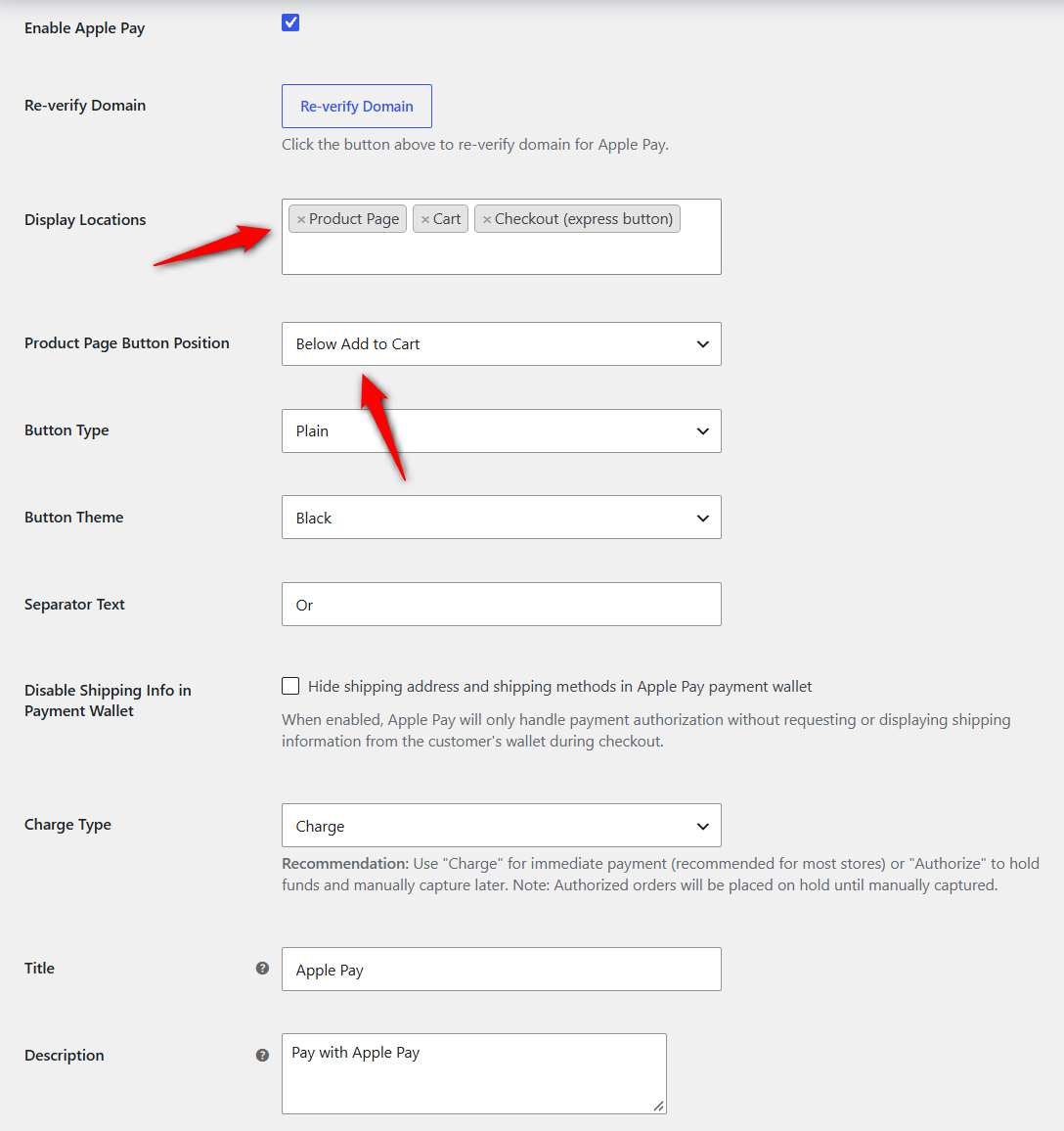 selecting which pages you want to display the Apple Pay on