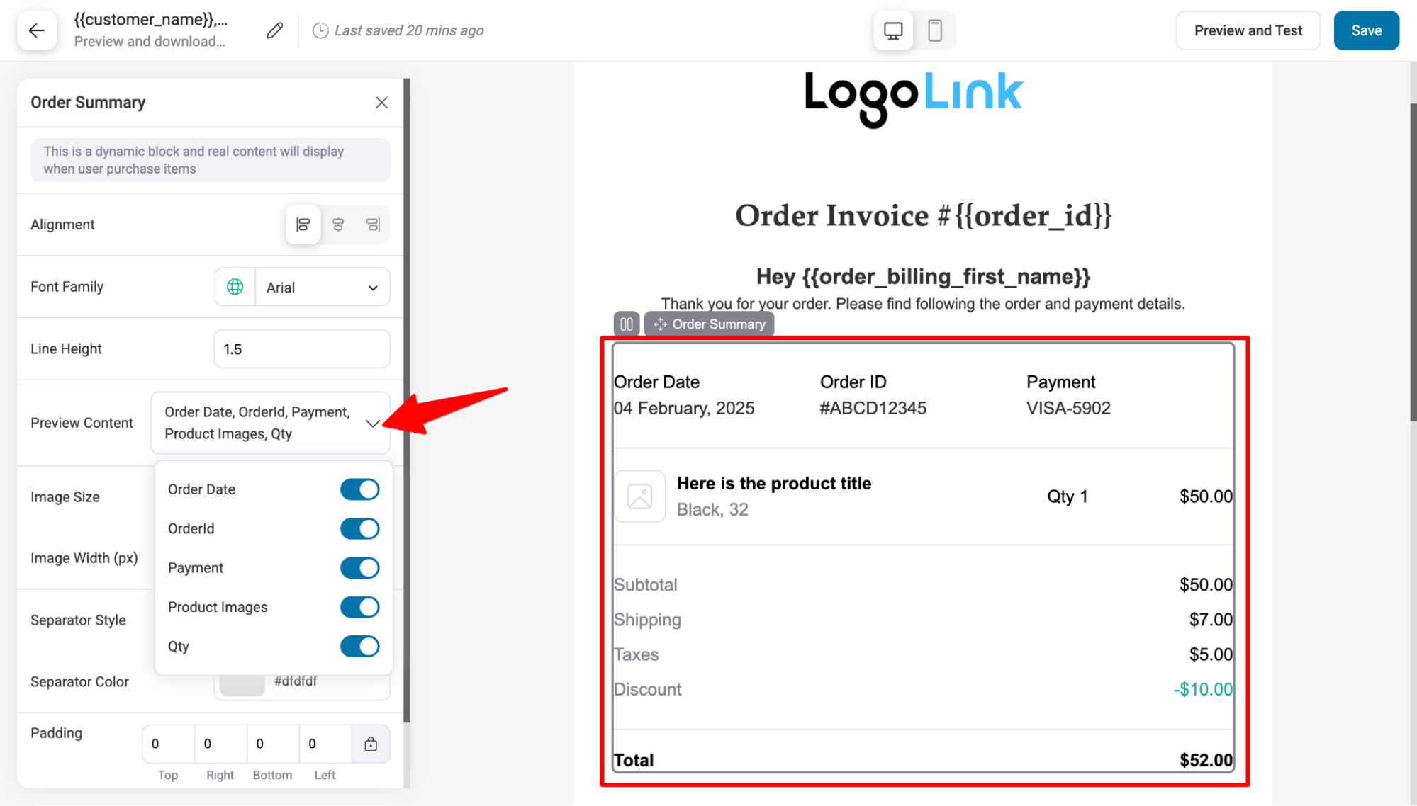 configure order summary section of invoice email