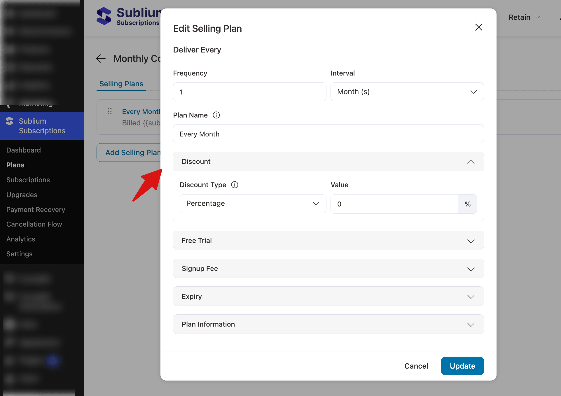 By default, Sublium Subscription adds a monthly plan. We will edit this option to create a monthly plan for the product we created. 
