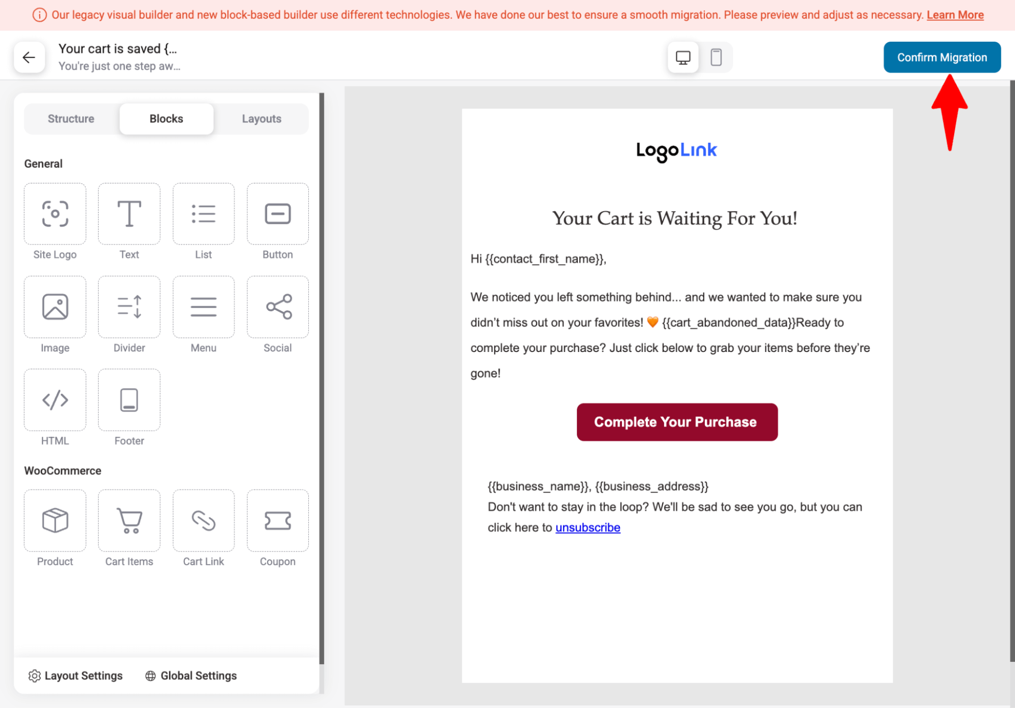 confirm migration automation email