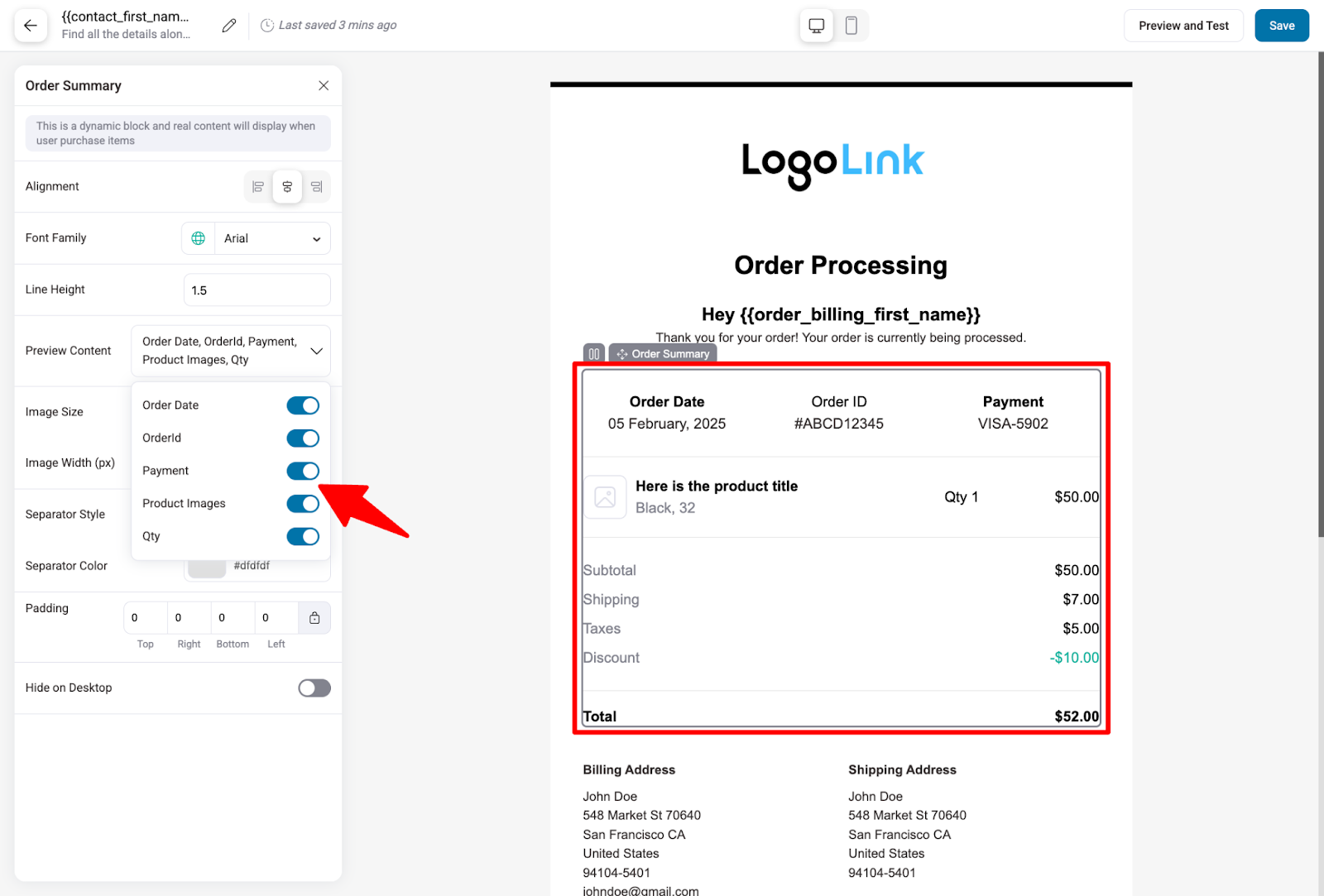 customize order processing email template with invoice