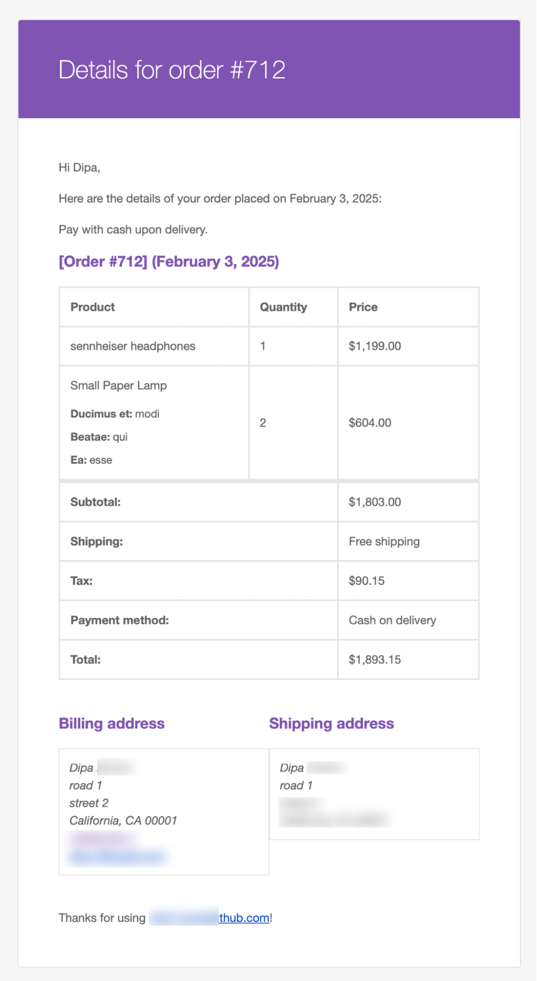 default invoice email of WooCommerce