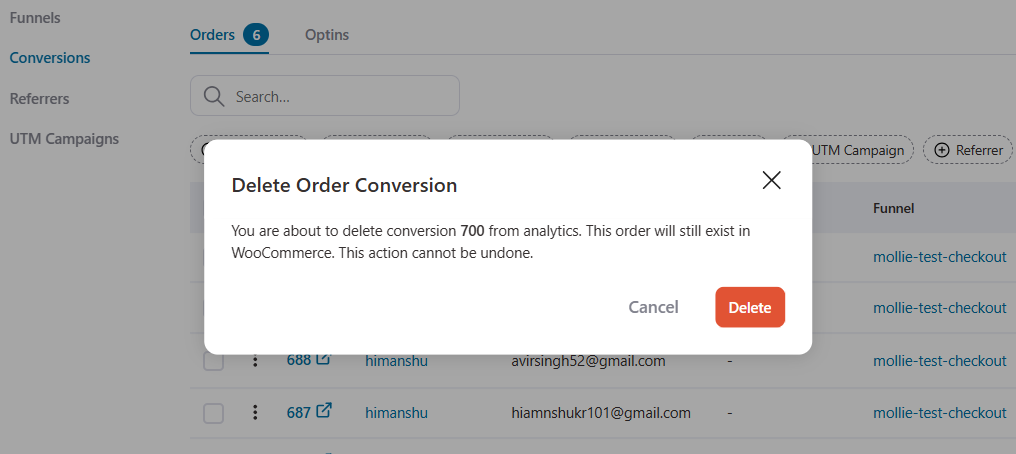 delete order conversion confirmation notification popup