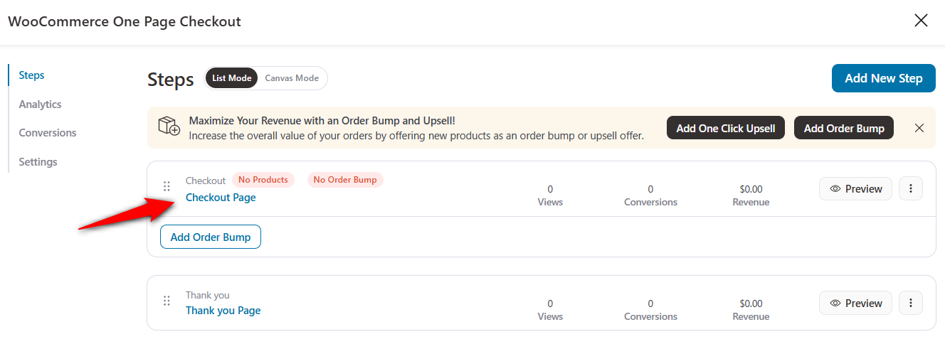 Click on the checkout page to edit it.