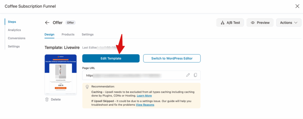 edit upsell template livewire with page builder