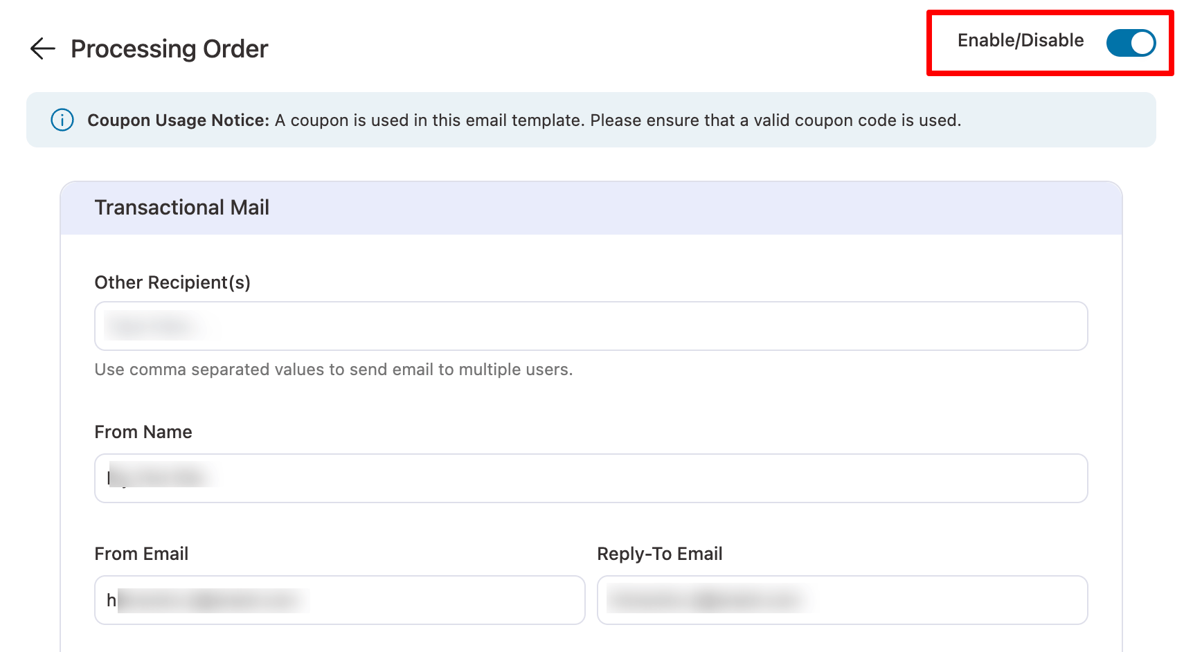 enable processing order custom email