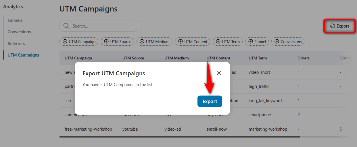 export all utm campaigns