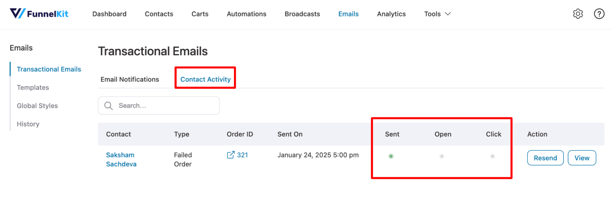 failed order contact activity