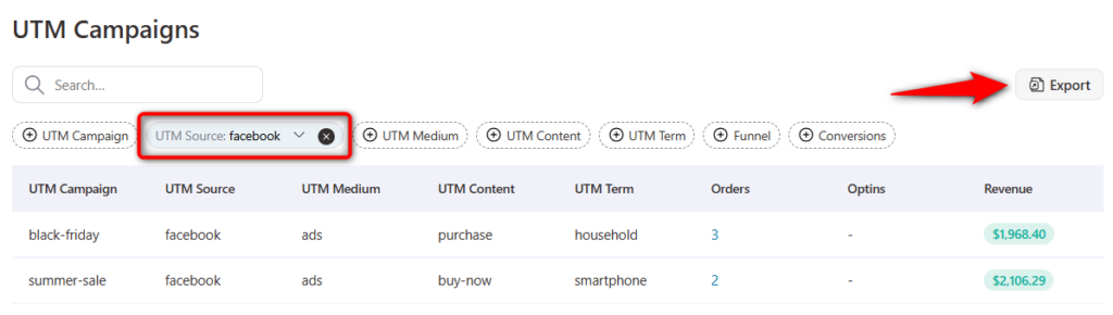 apply utm campaign filters and click export