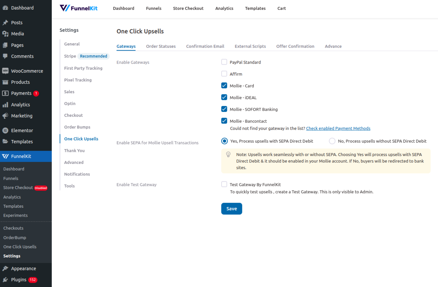 Built-in Compatibility for Mollie Payments and sepa direct debit options in One-Click Upsells