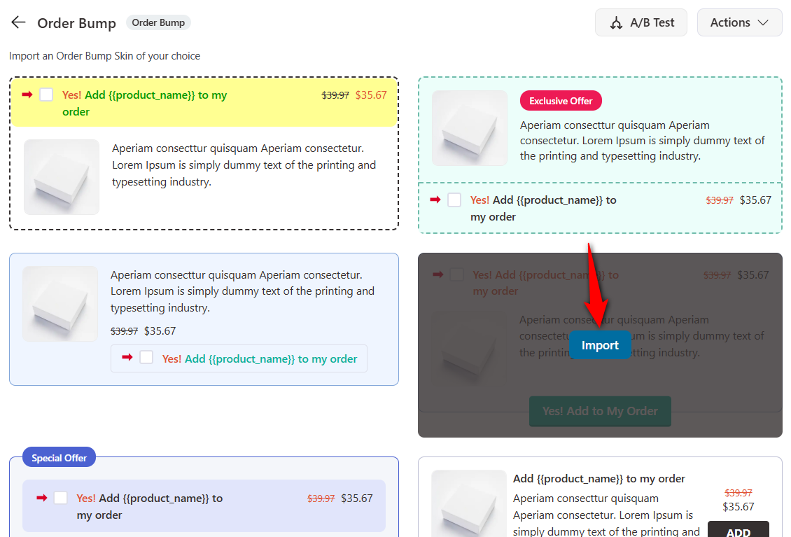 Choose the order bump skin that will be visible on your woocommerce one page checkout