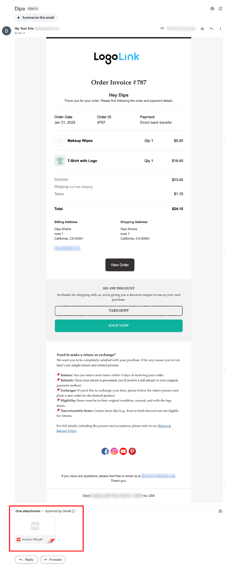 preview invoice email with PDF invoice