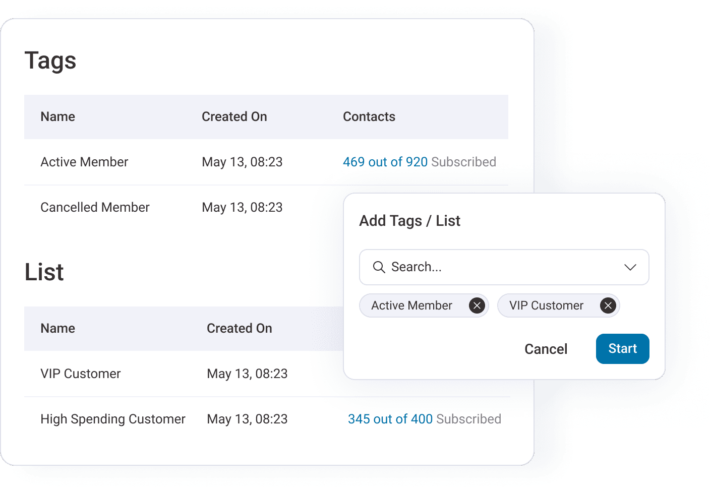 Segment your contacts to send relevant messages, add tags based on their product purchased, referral source, birthdate, and more