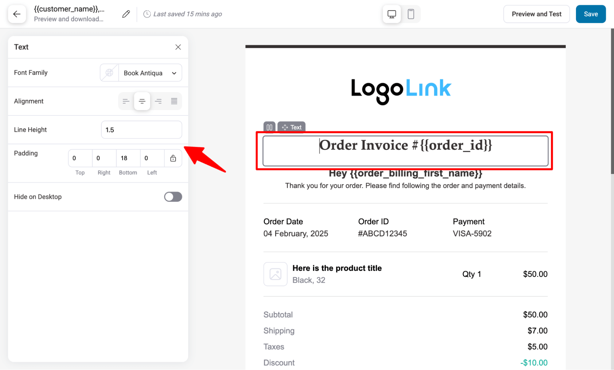 set heading of invoice email