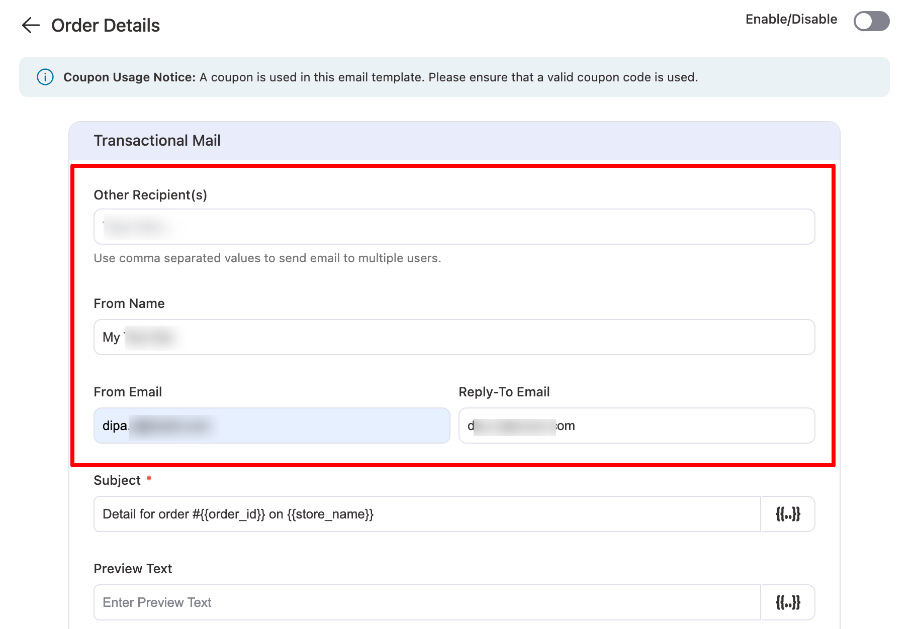 set up order details options