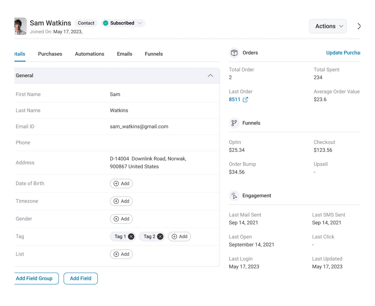 Understand your customers better with detailed contact profiles - track item purchased, orders placed, interactions with your sales funnels, and automation they were a part of