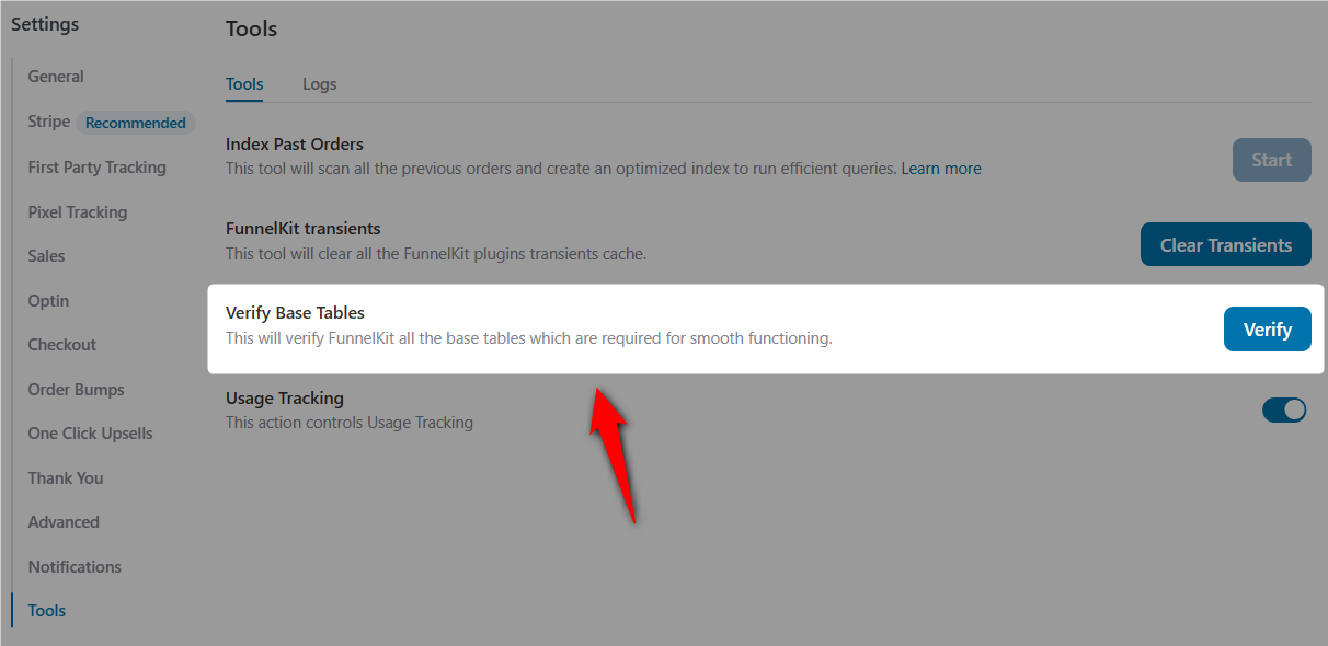 verify base tables under funnelkit funnel builder tools section