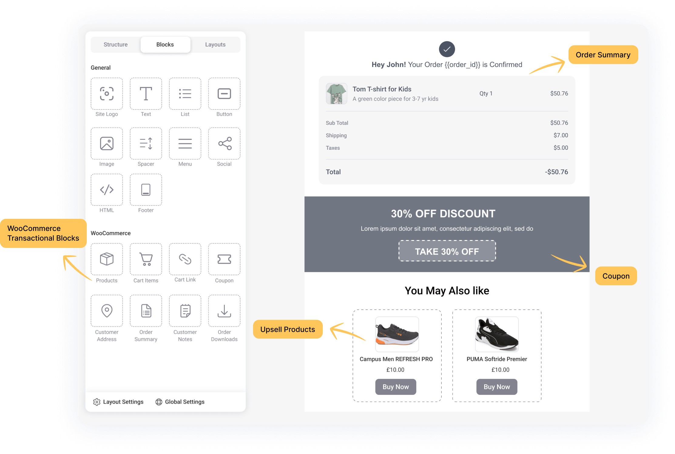 Our visual email builder is designed for WooCommerce that lets you create high-converting transactional emails effortlessly with seamless integration and powerful features