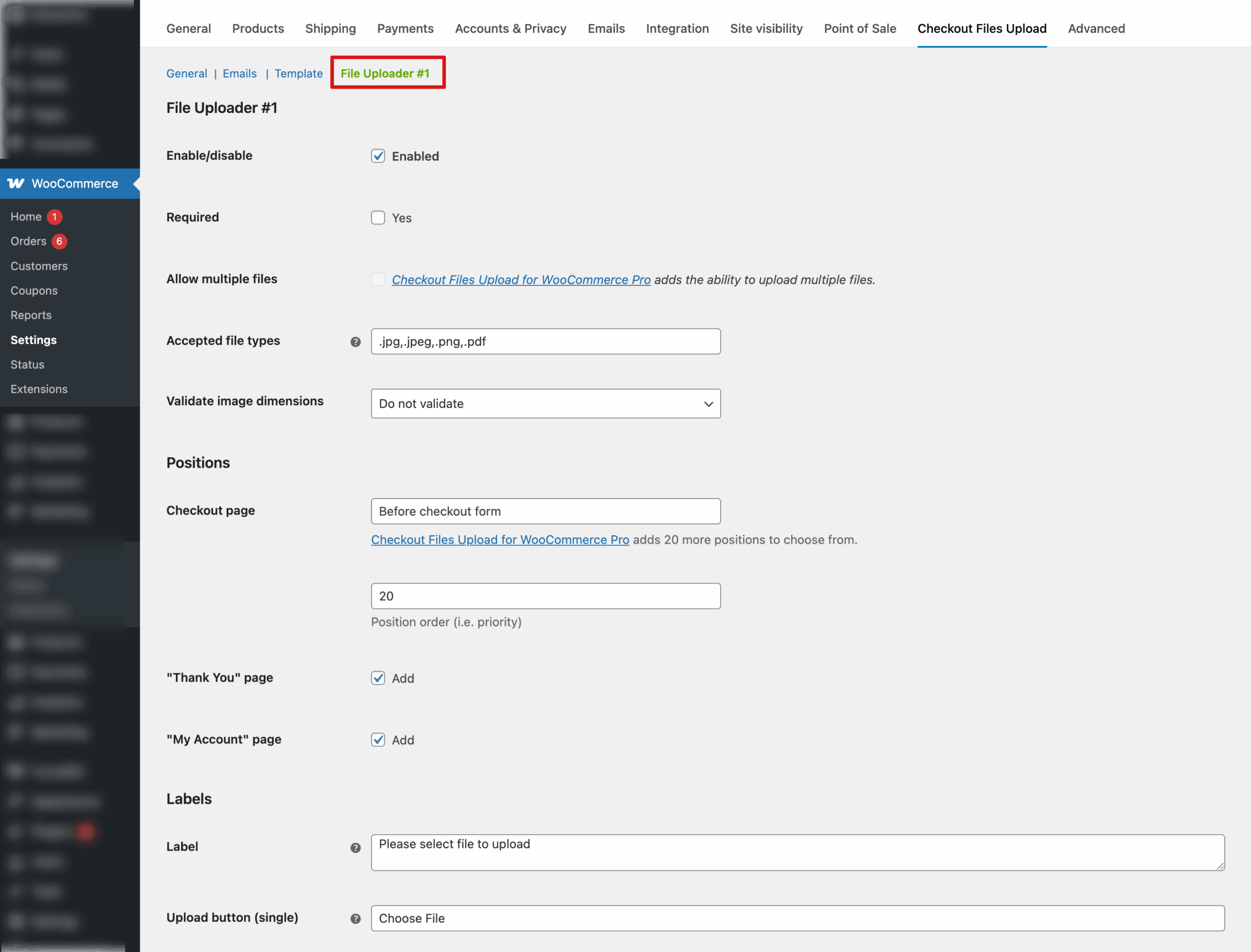 Configure the file upload field options 