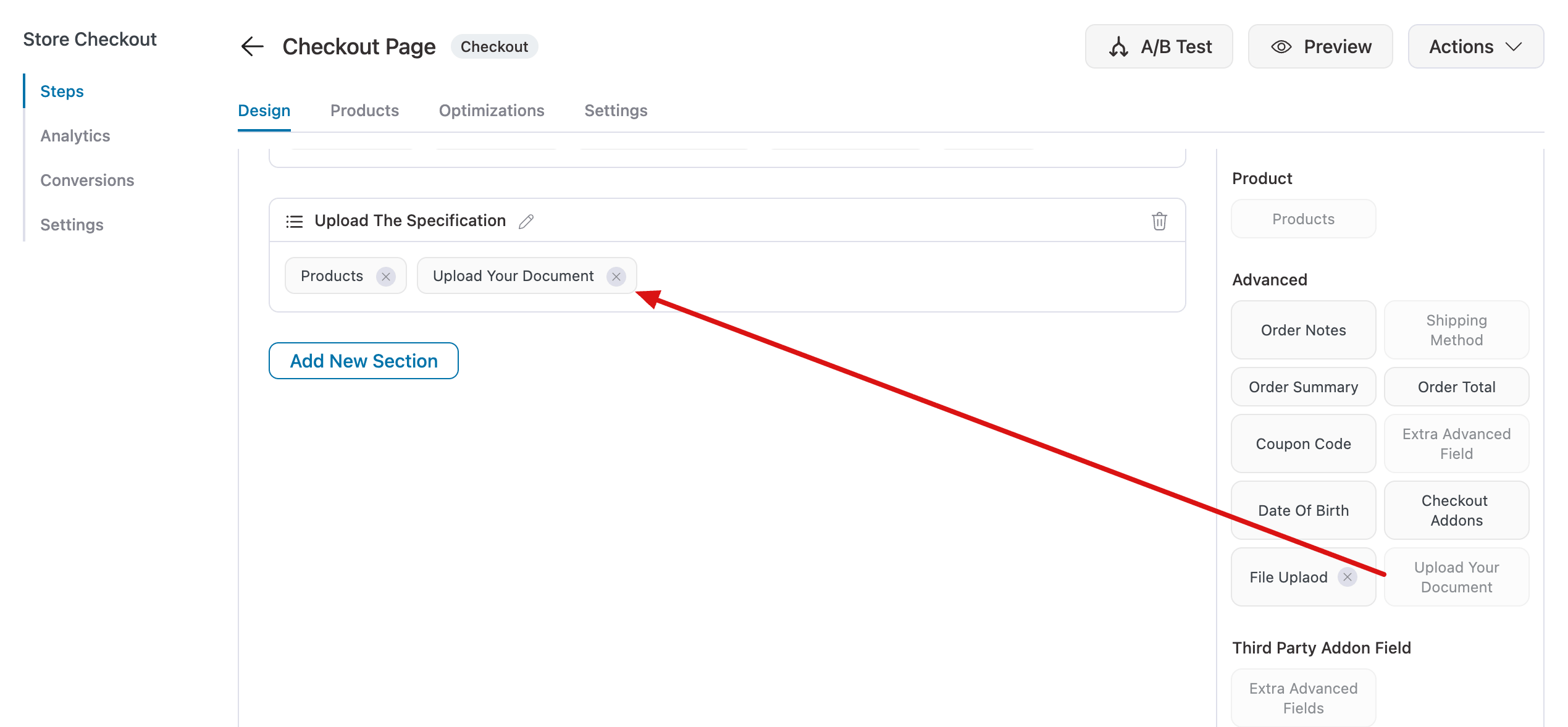 Drag and drop the file upload field to checkout 