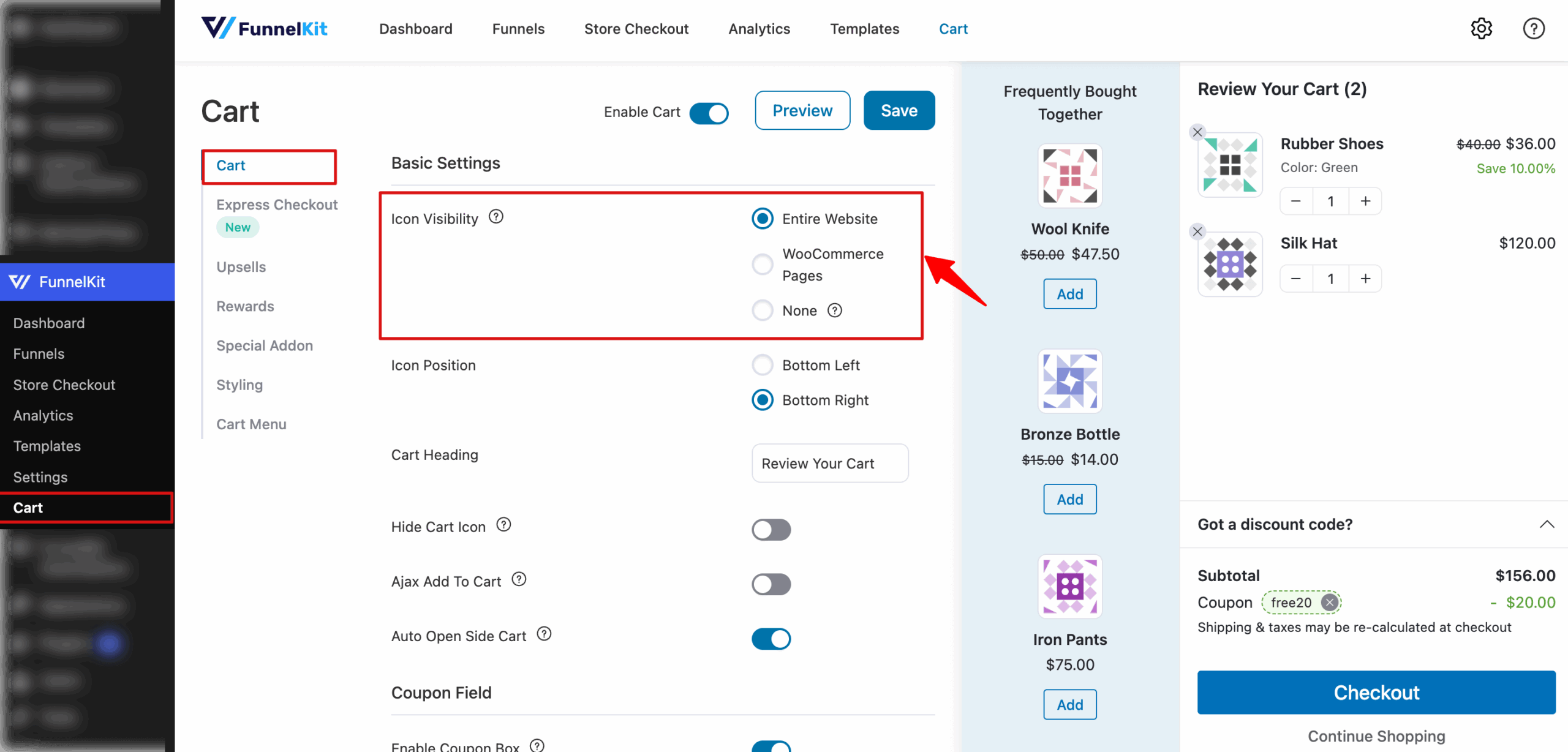 FunnelKit - WooCommerce side cart icon visibility and display position