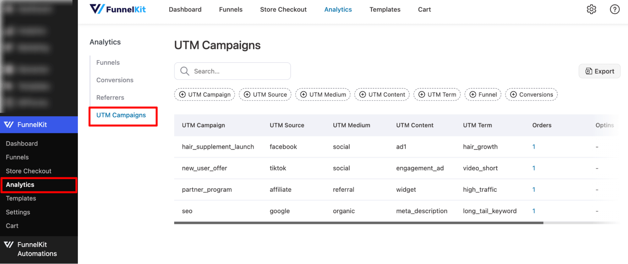 Navigate to utm camapigns tab to track conversion