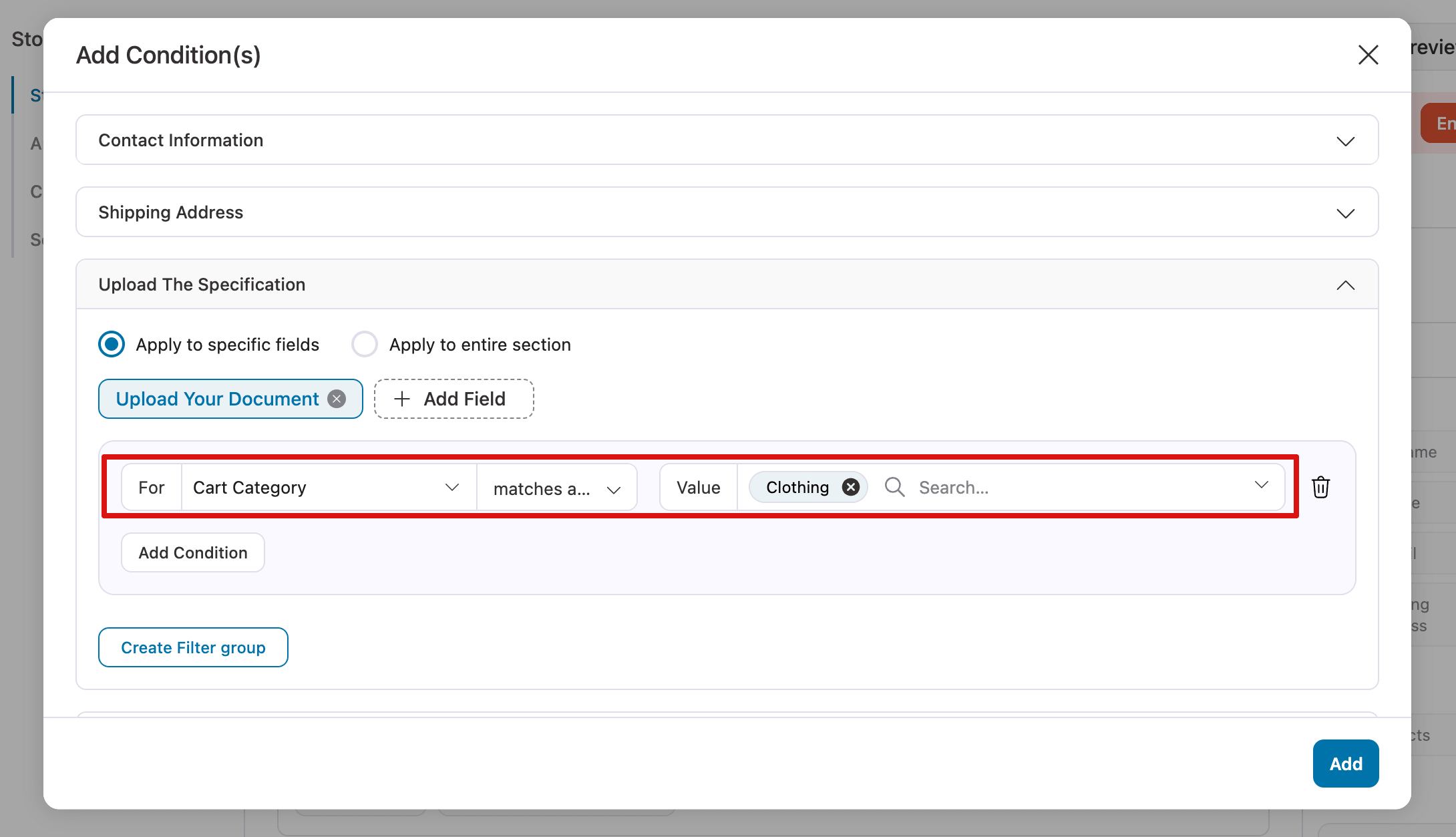 add condition for file upload field in WooComerce