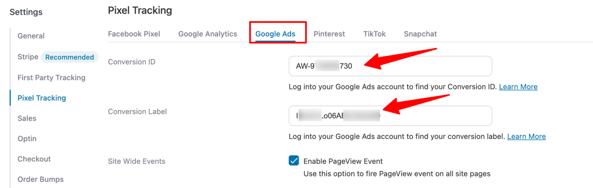 add google ads conversion id to funnelkit