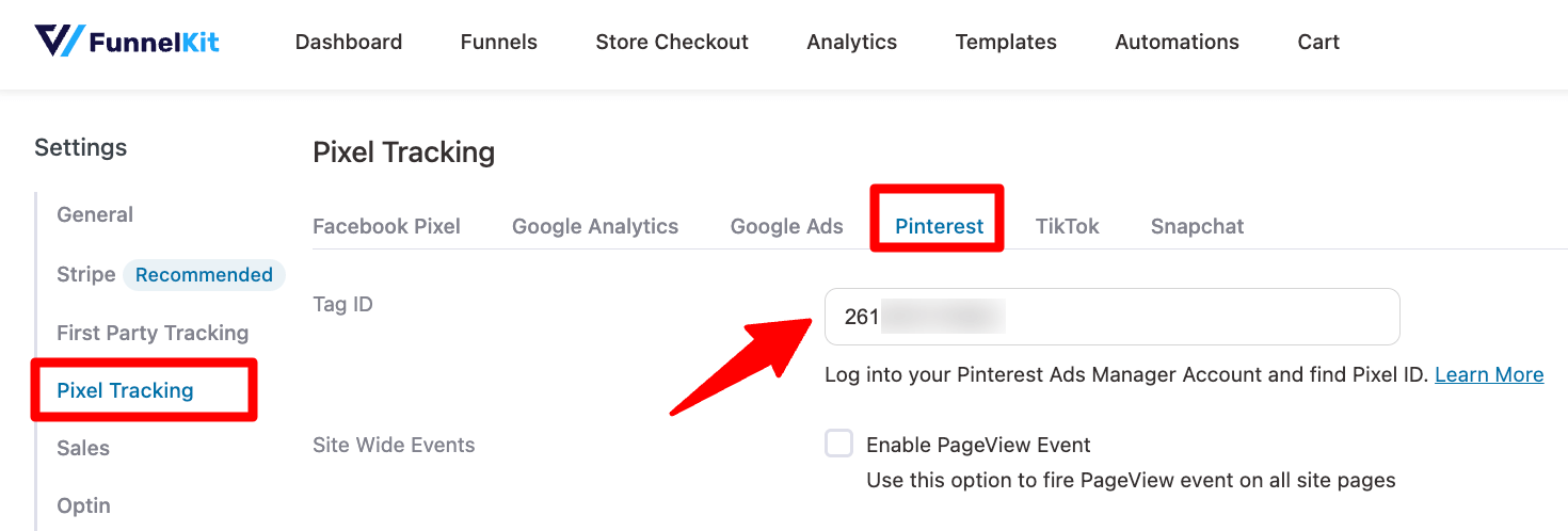 add pinterest tag ID to funnelki