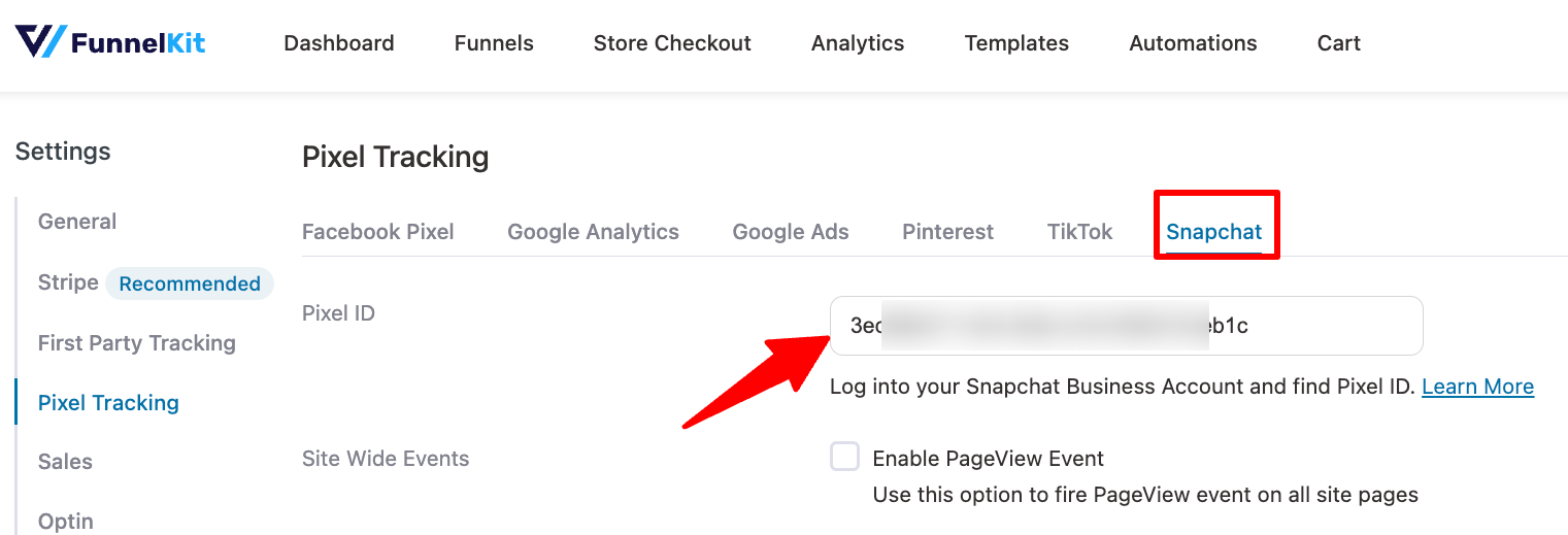 add snapchat pixel id to pixel tracking settings of funnelkit