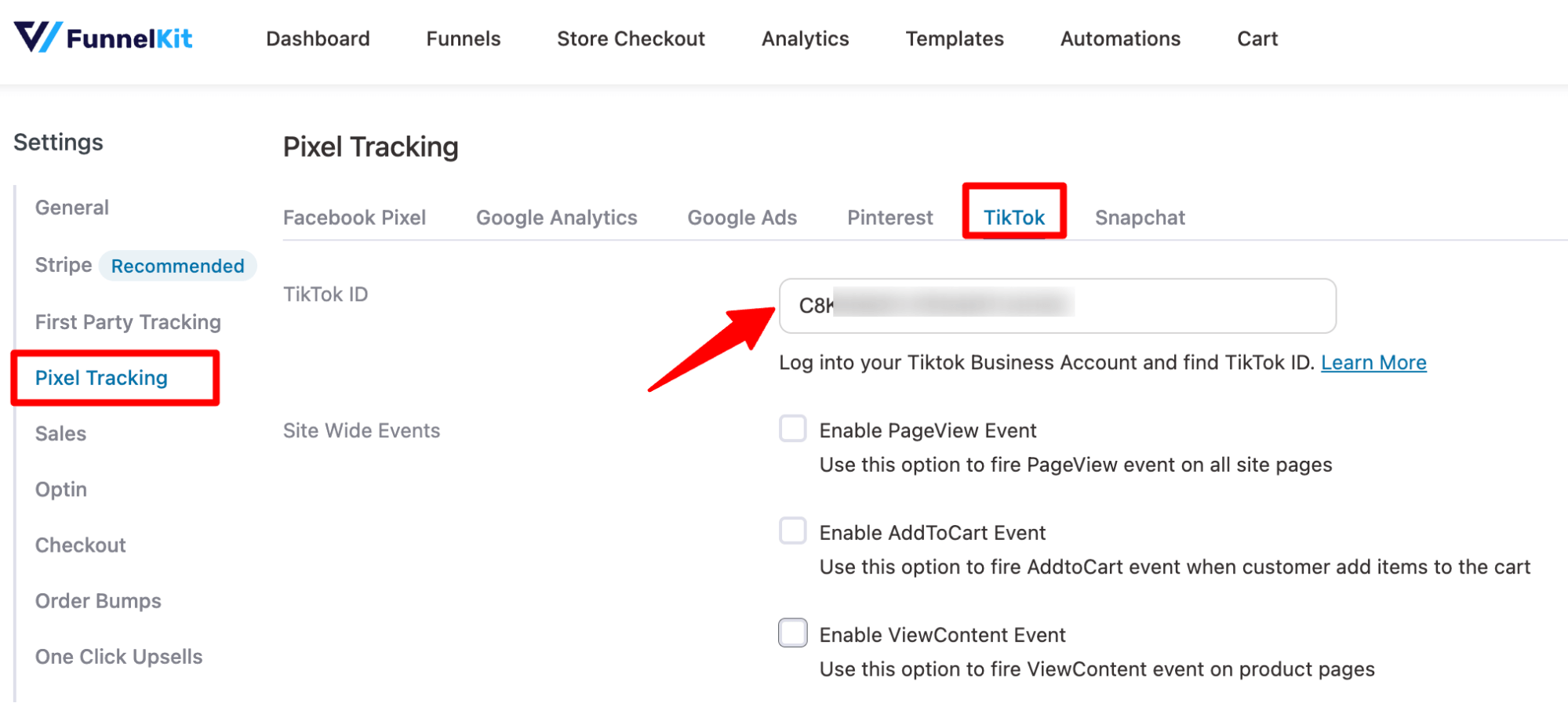 add tiktok pixel id to funnelkit settings