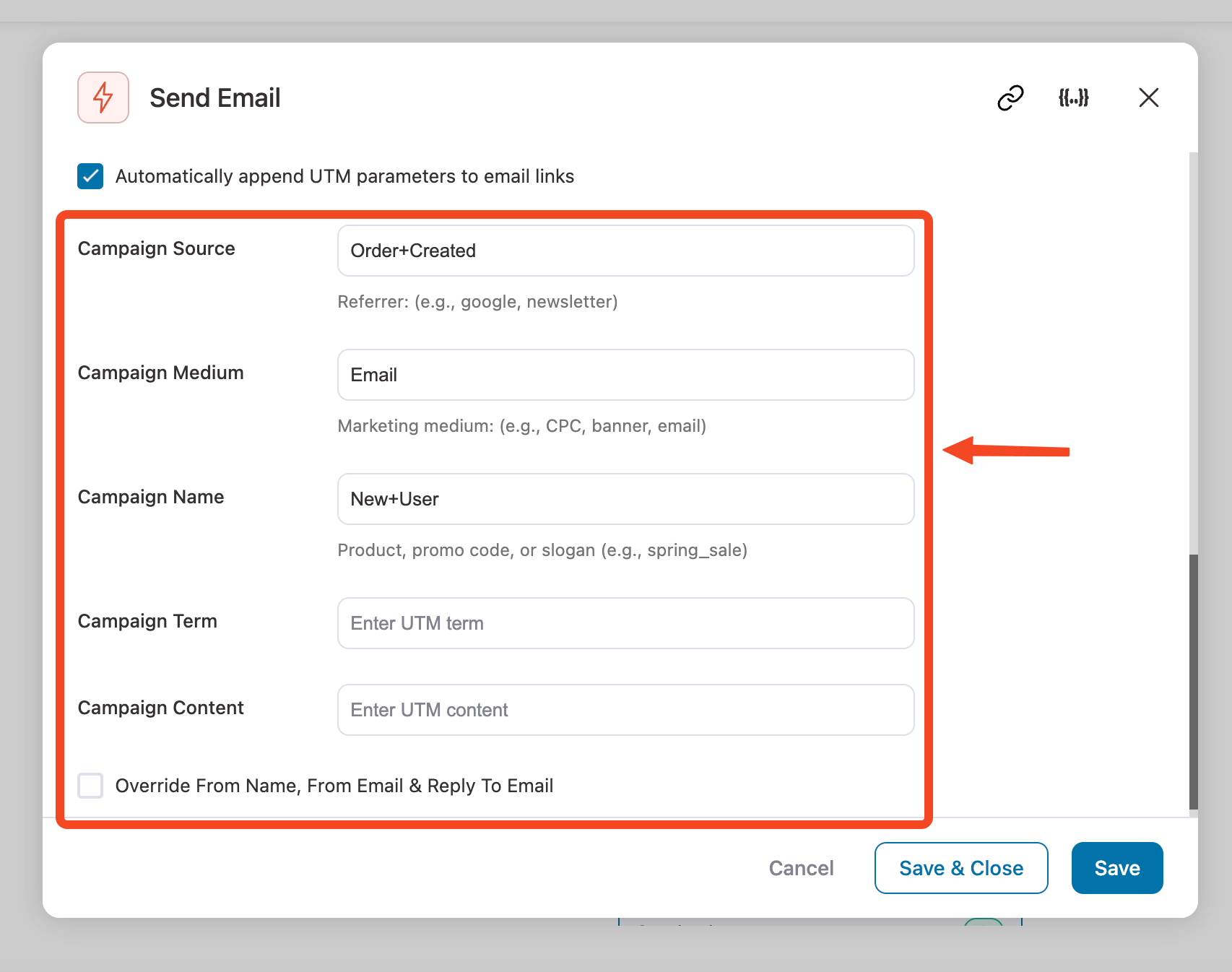 automatically add utm parameters to email marketing using FunnelKit automations