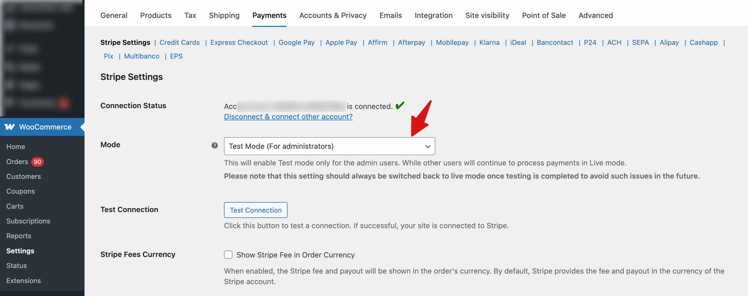 chose admin only mode for placing test orders using Stripe