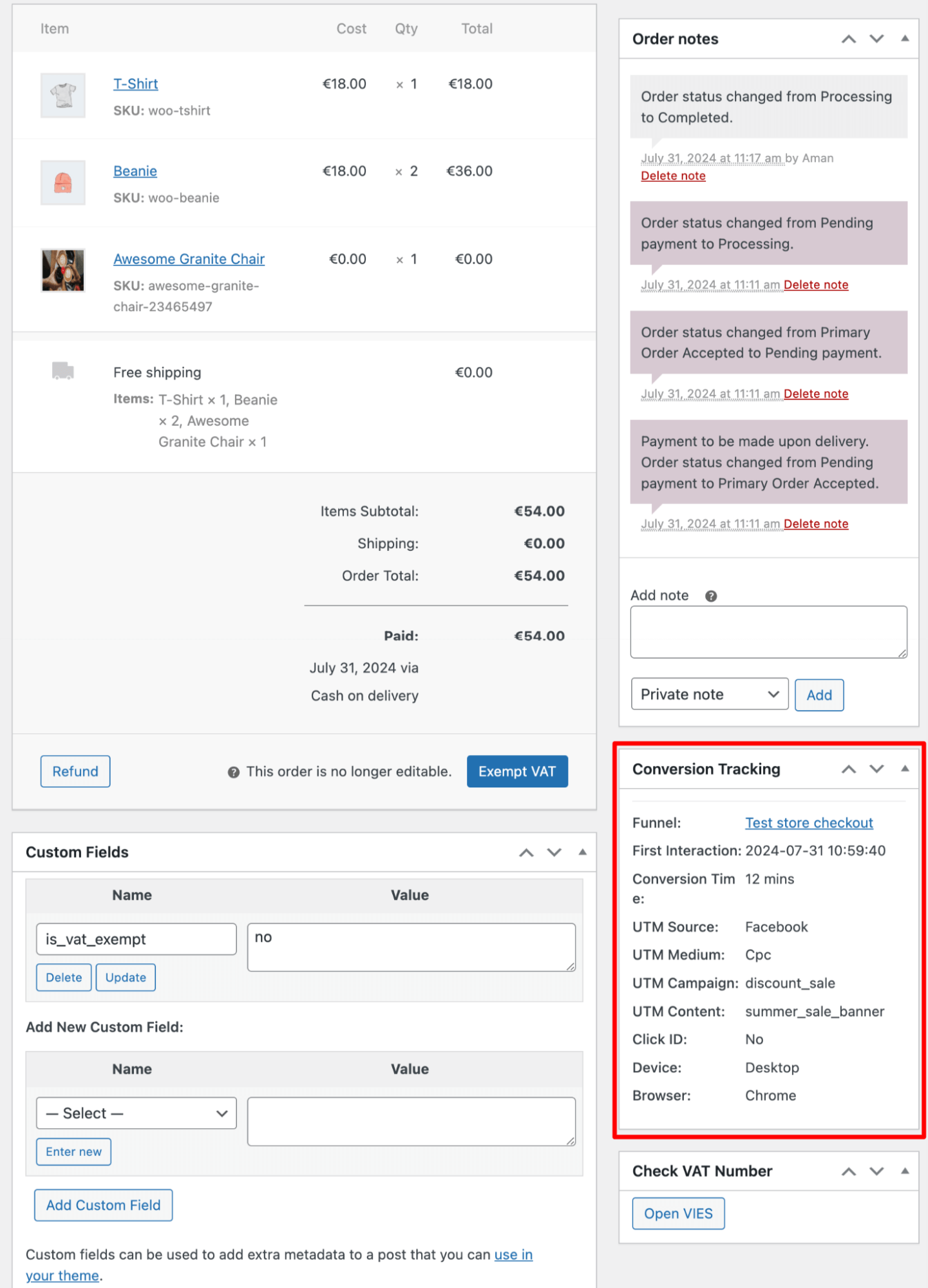 conversion tracking tab in order details page