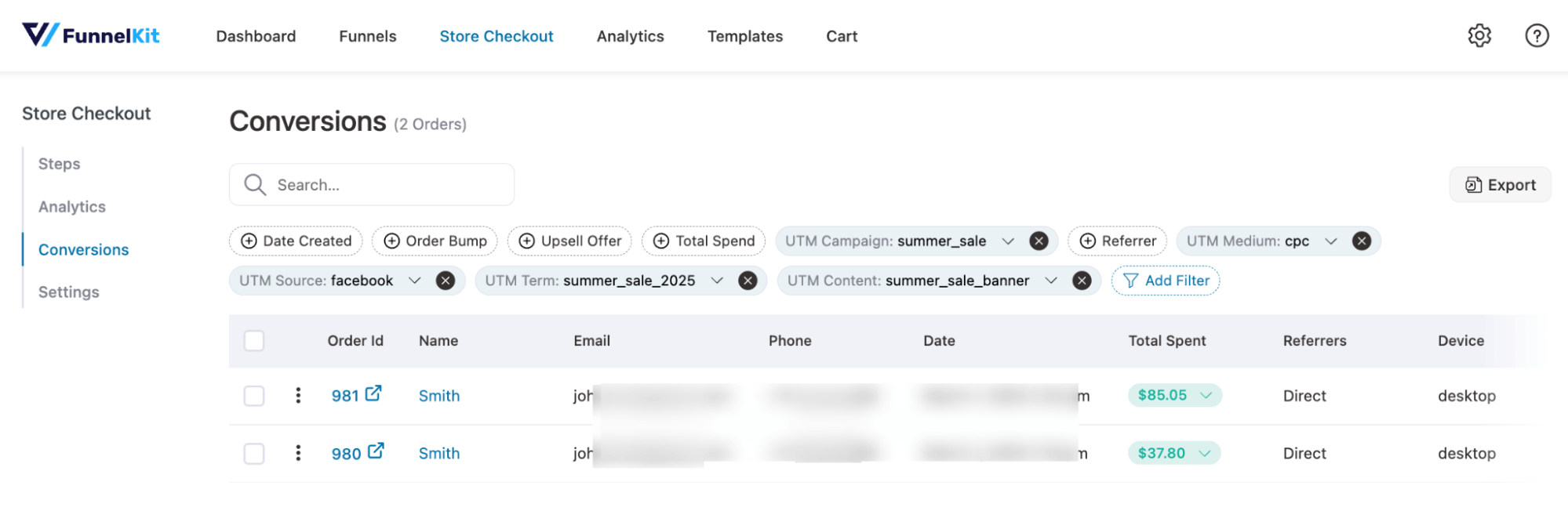 conversions data for store checkout